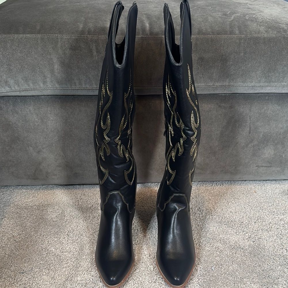 Women’s Black Western Cowgirl Boots Knee High Pointed Toe Side Zip Size 11 NEW - Picture 3 of 16